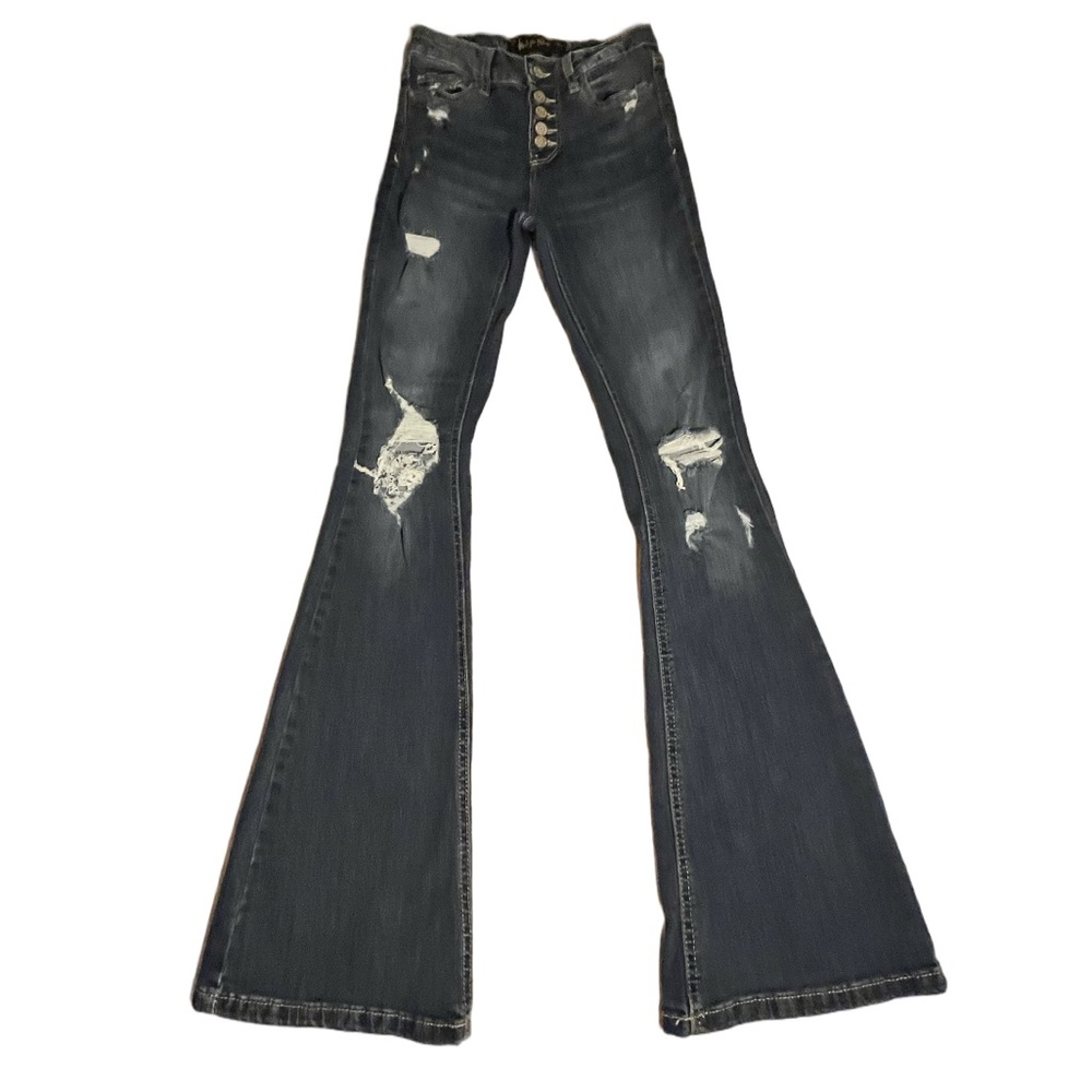 Indigo Rein Distressed Flare Button Fly Jeans Size 3 Juniors